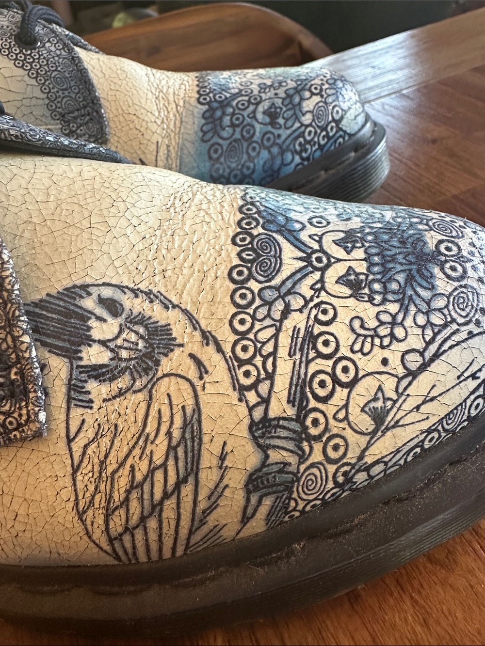 Dr. Martens Cream and Blue Patterned Lace-Up Heeled Boots - Picture 2 of 6